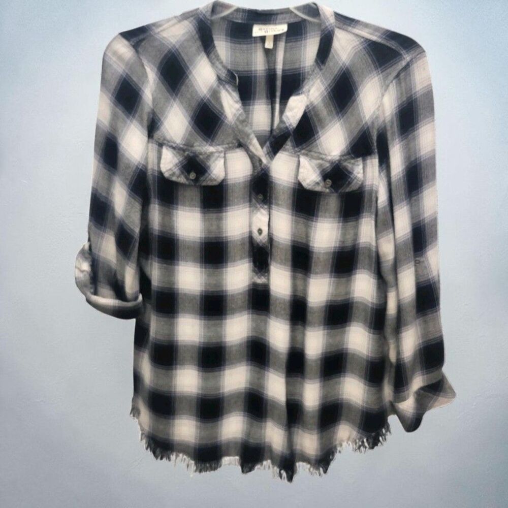 Hester Orchard Flannel Shirt Women Large Black Ivory Plaid Fringe Hem Gorpcore